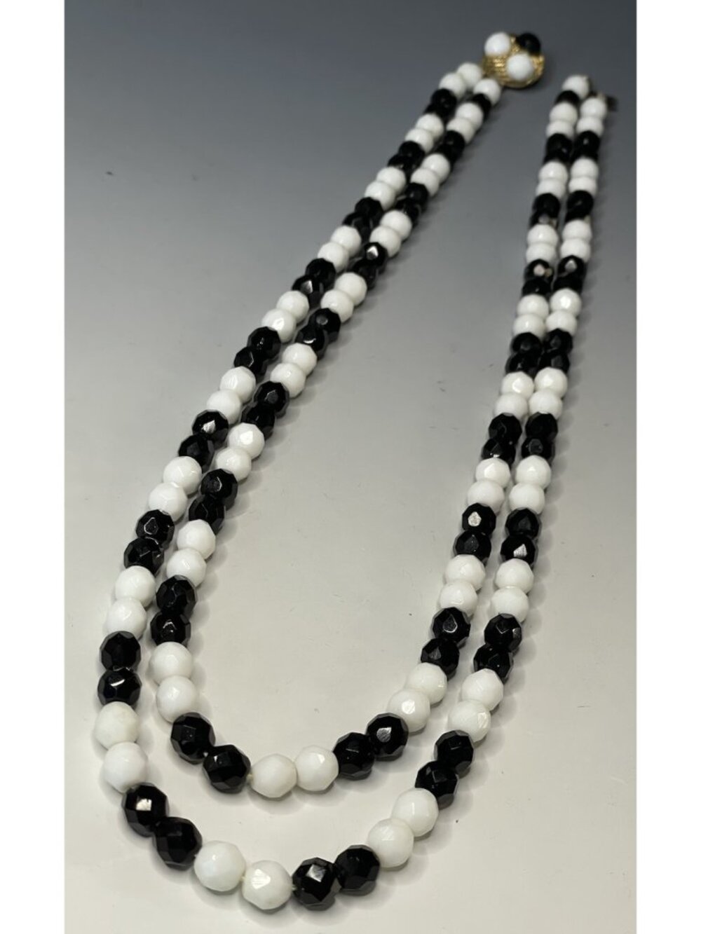 Mid-Century RETRO Vintage Faceted Black White Glass Two Strand Bead Necklace